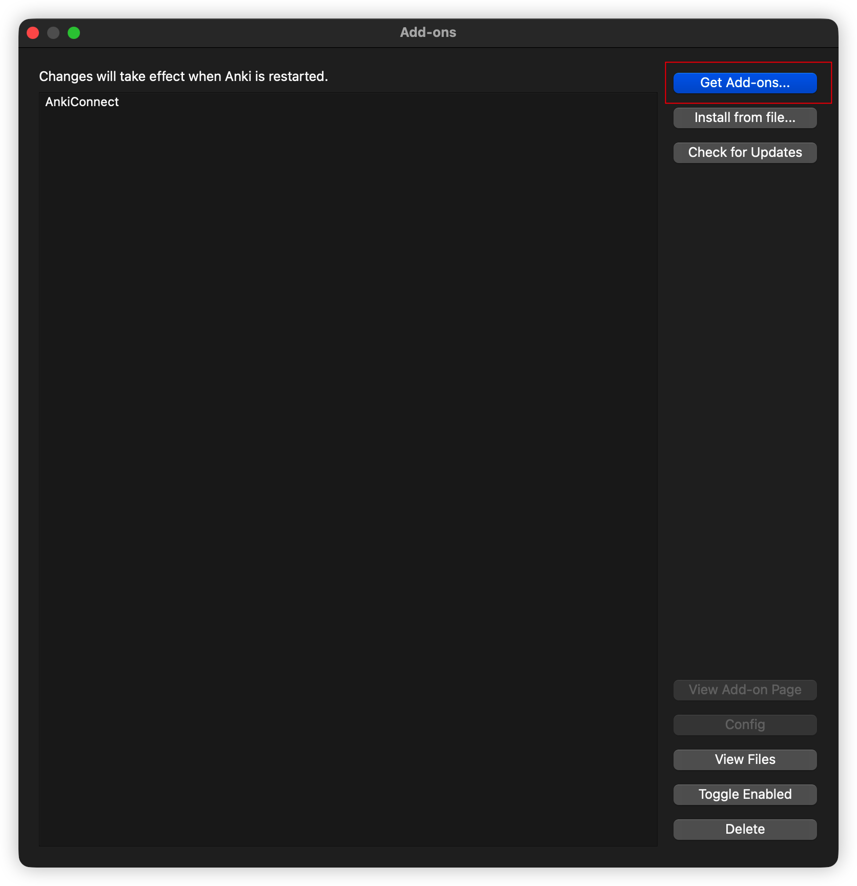 Anki Add-ons dialog with Get Add-ons and the code entry field (1)