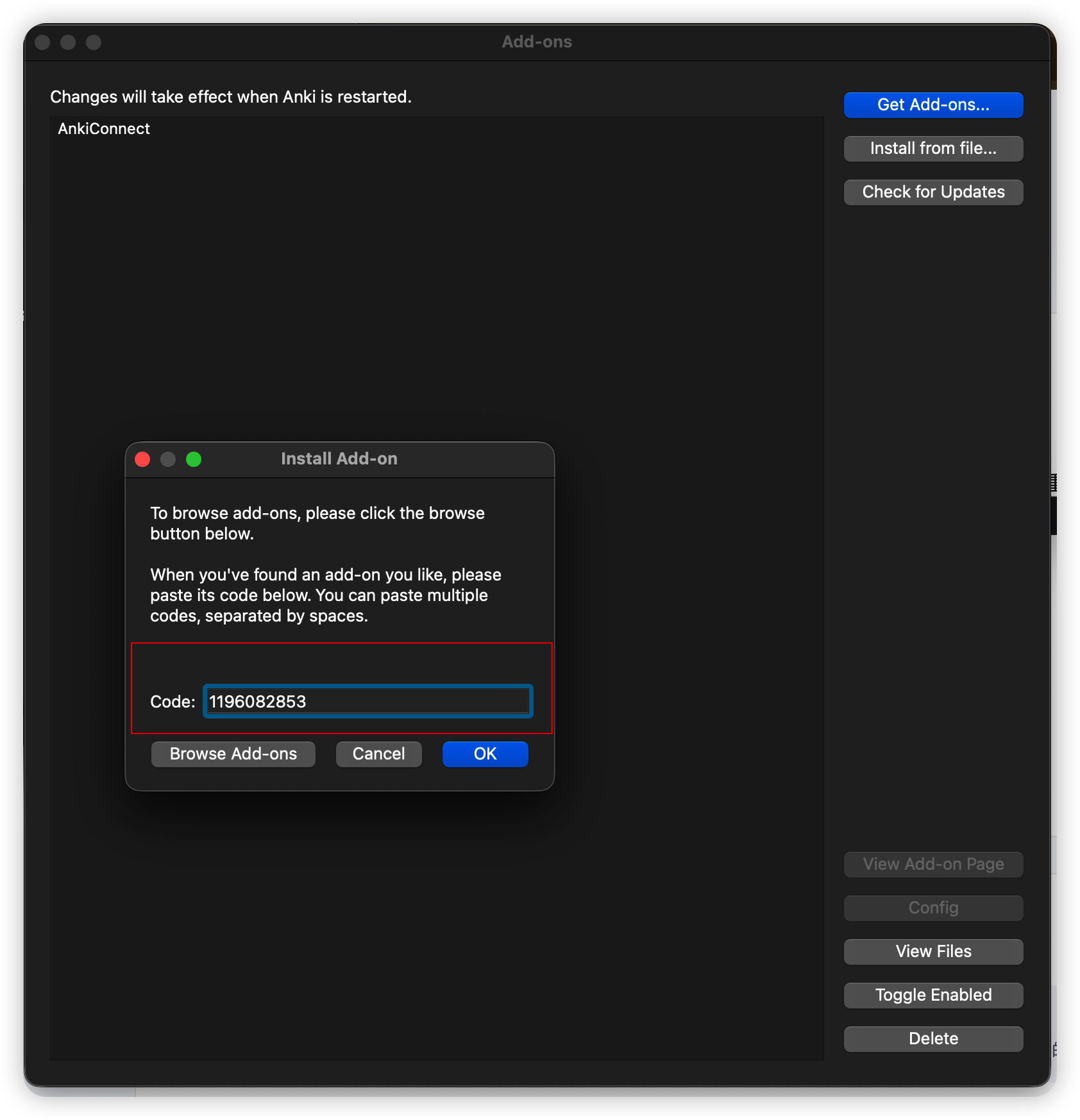 Anki Add-ons dialog with Get Add-ons and the code entry field (2)