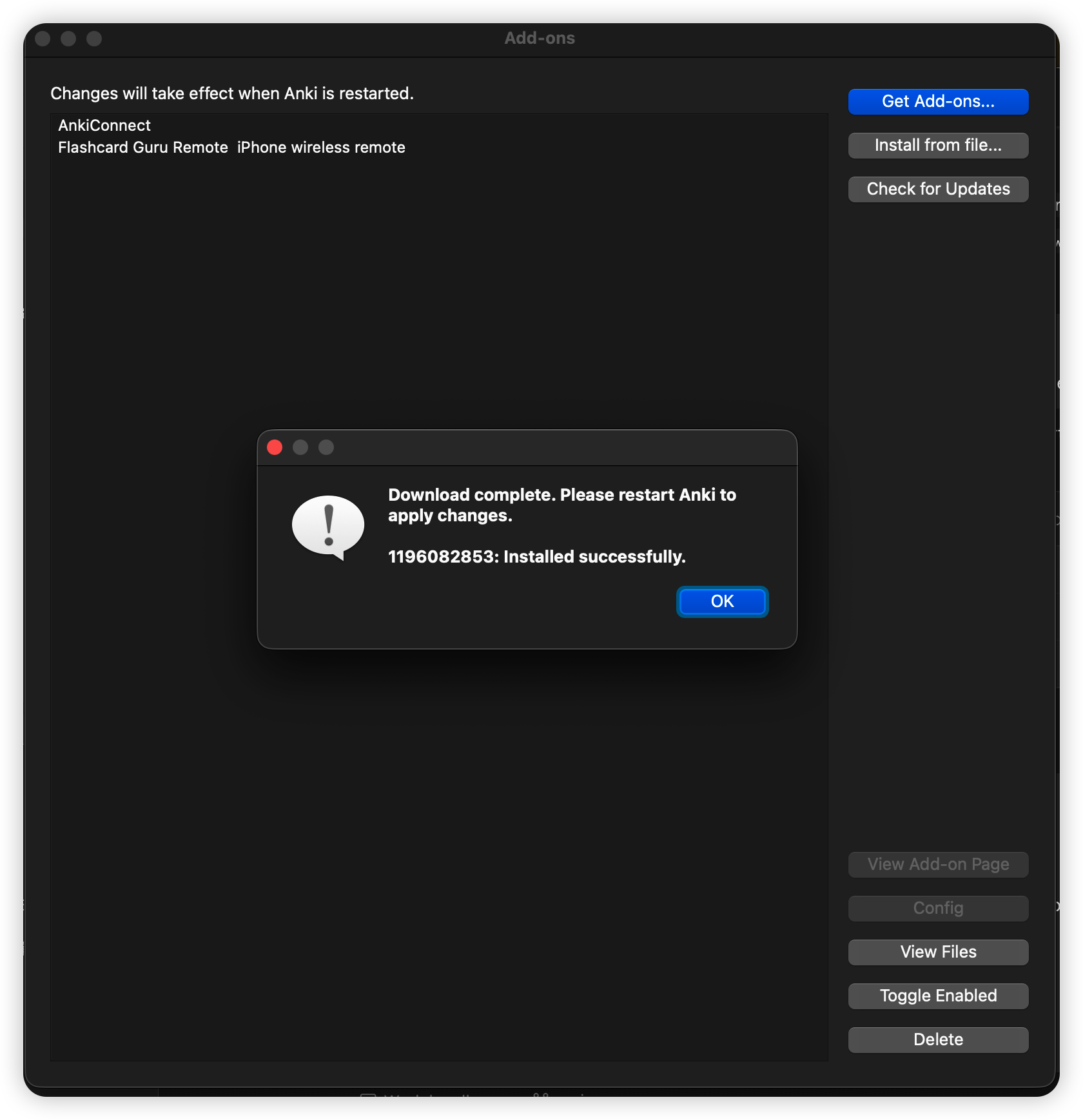 Anki Add-ons success dialog after installing Flashcard Guru Remote
