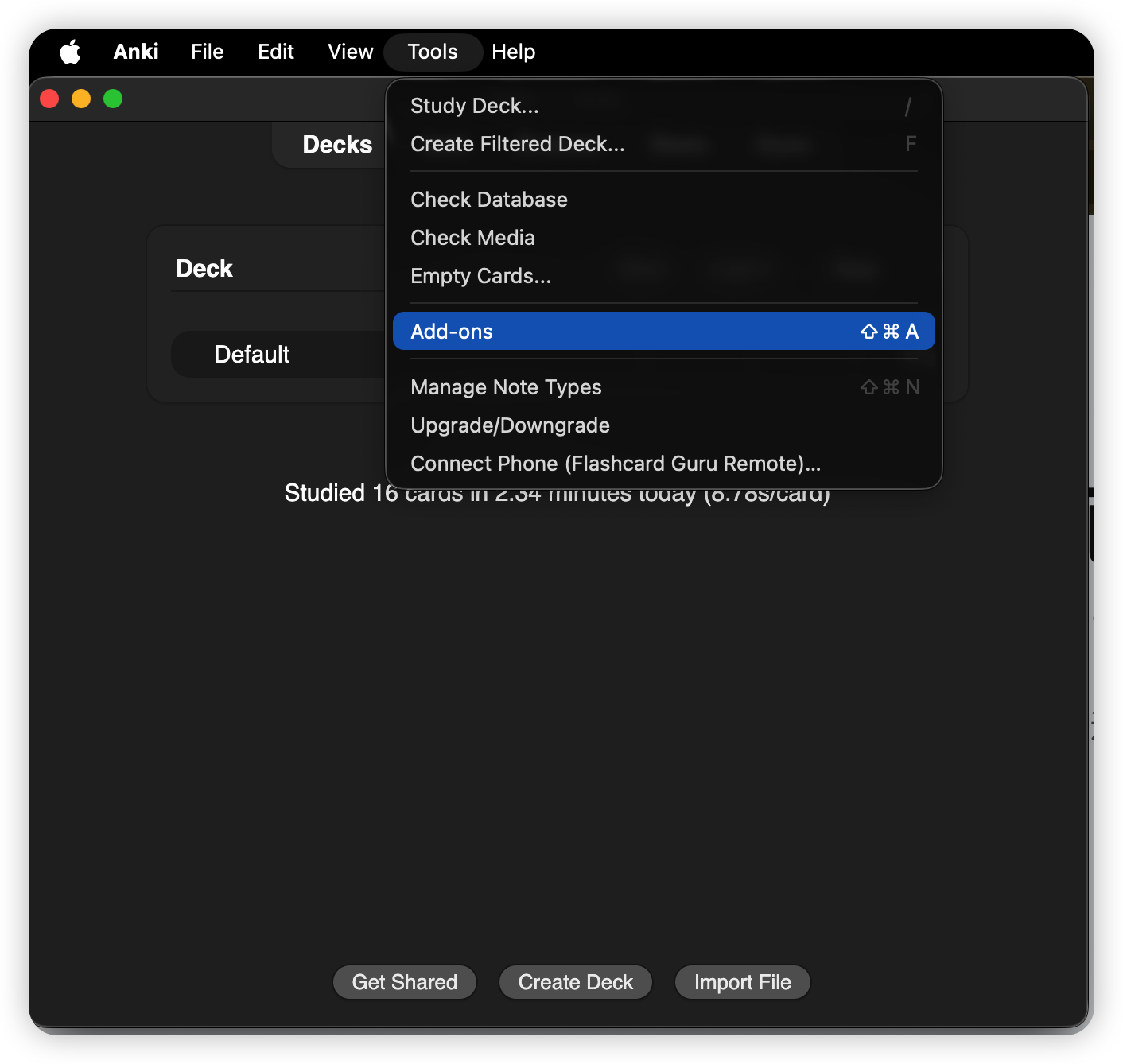 Anki Tools menu with Add-ons selected