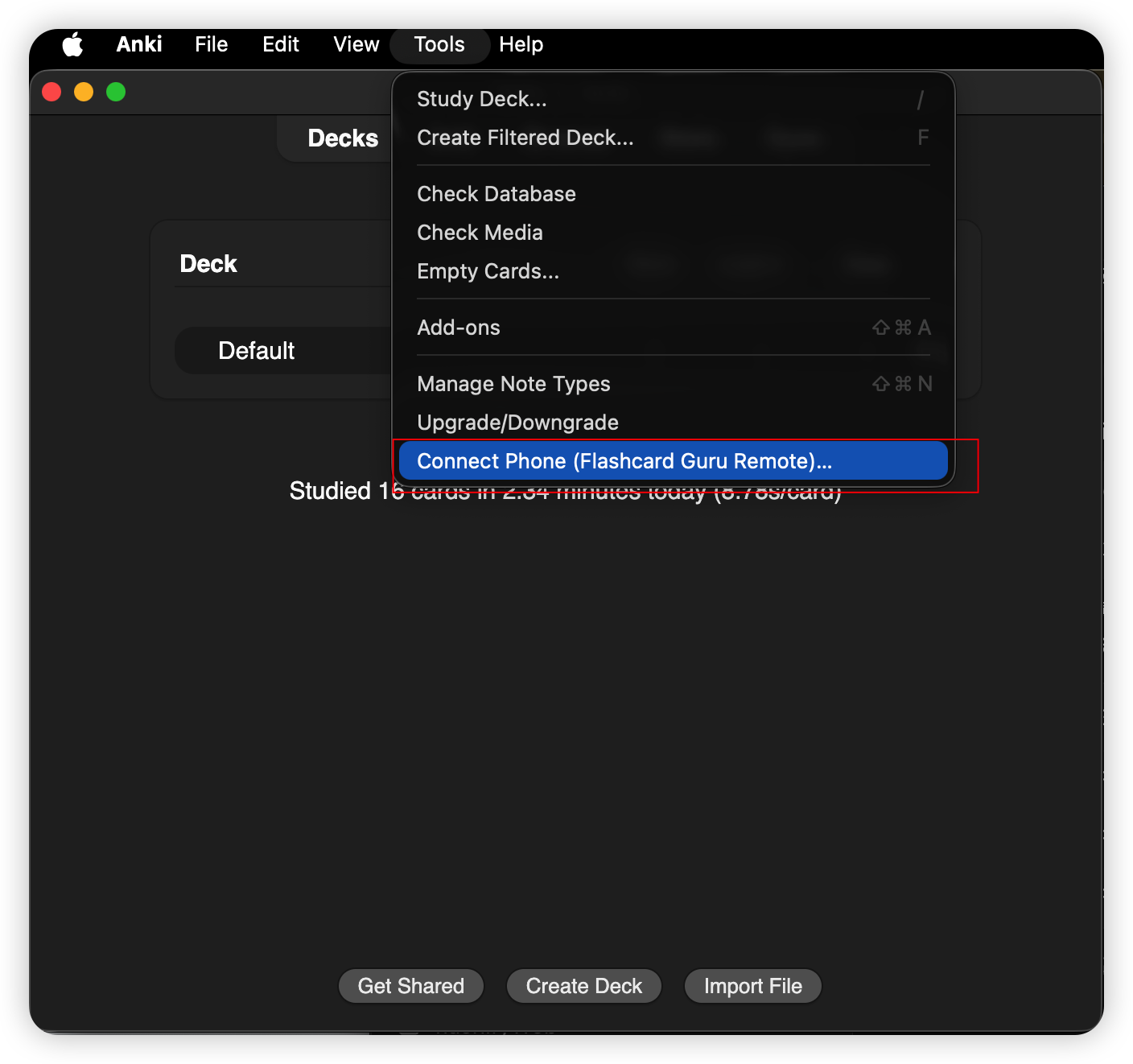 Anki Tools menu with Connect Phone selected (1)