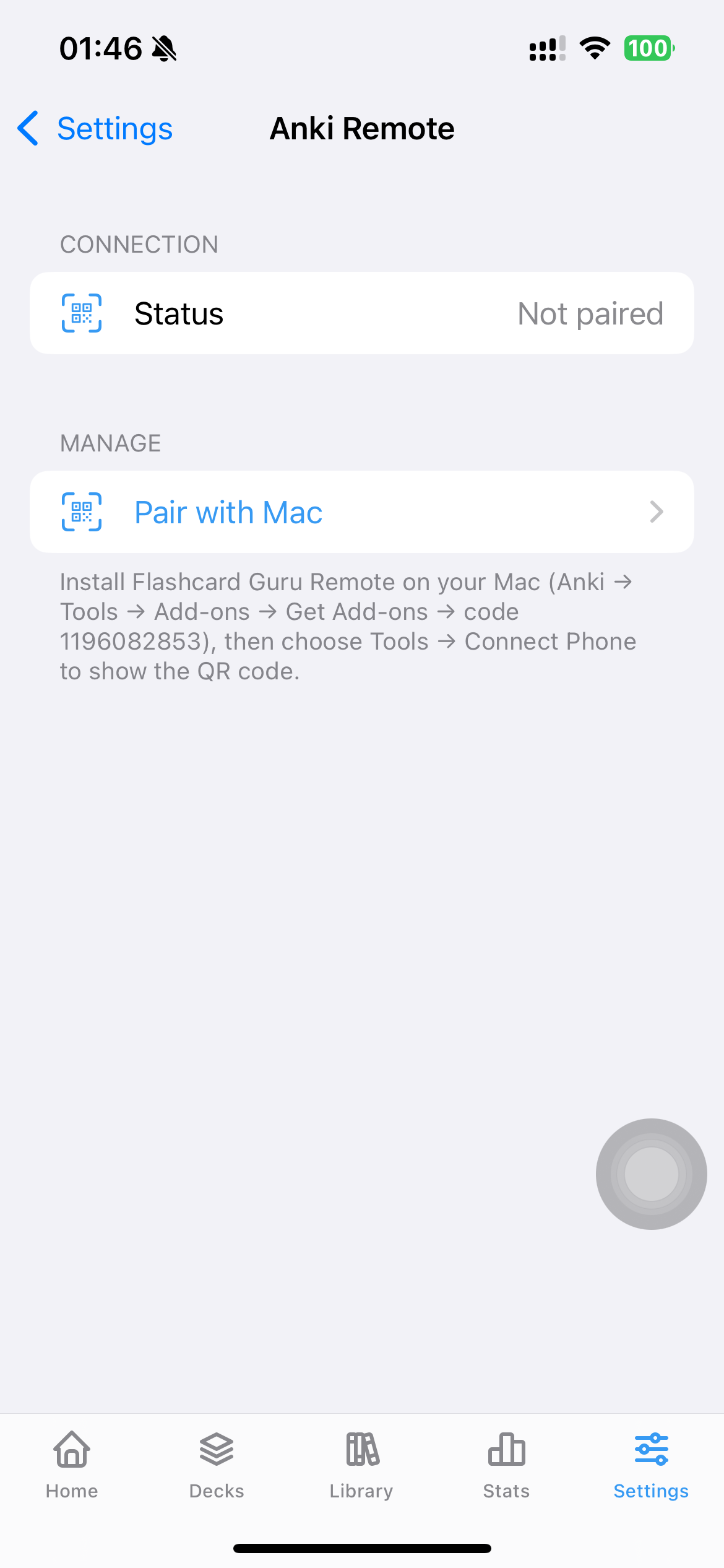 Guru Anki Remote screen showing Pair with Mac