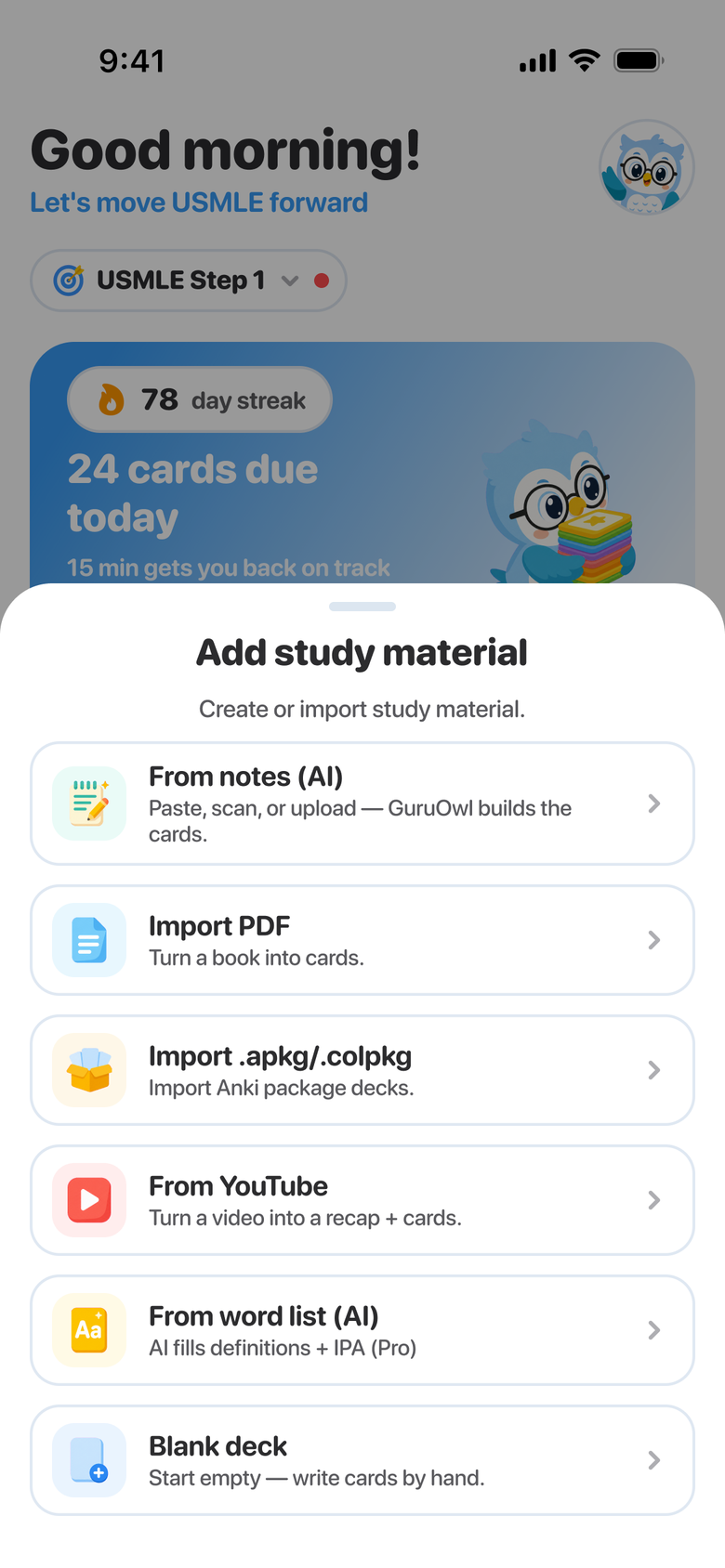 The Add study material sheet: import a PDF, an Anki package, a YouTube video, notes, or a word list