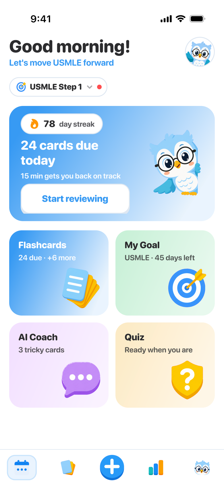 Guru's Today screen on iPhone: a 78-day streak and the cards due today
