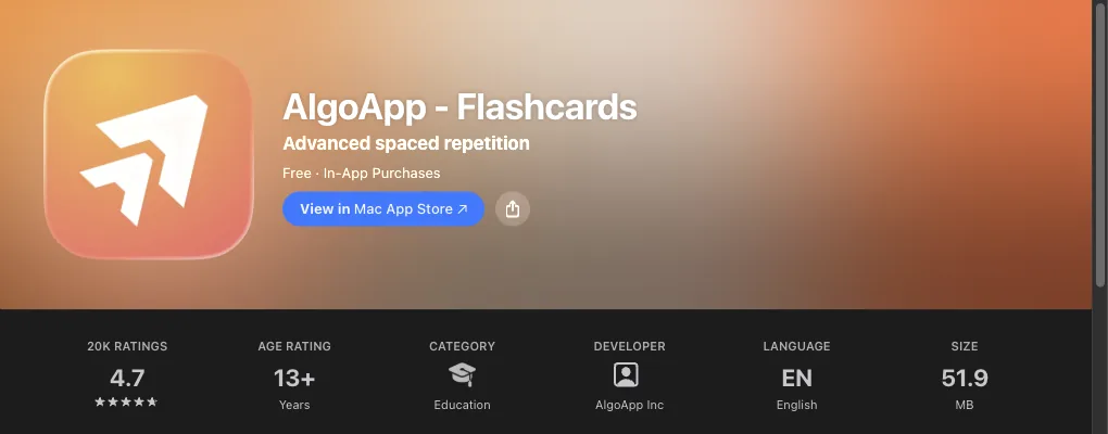 AlgoApp listing header on the US App Store: icon, price and rating
