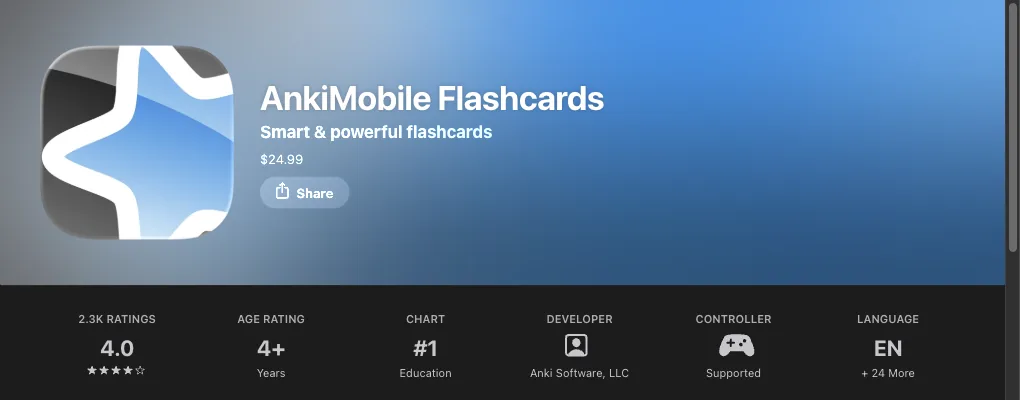 AnkiMobile Flashcards listing header on the US App Store: icon, price and rating