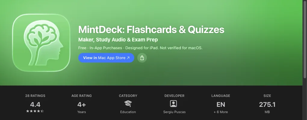 MintDeck listing header on the US App Store: icon, price and rating