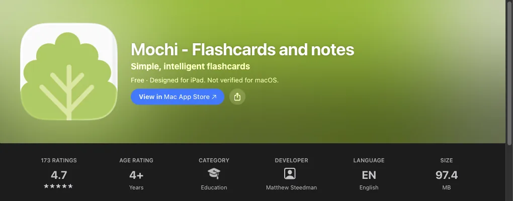 Mochi listing header on the US App Store: icon, price and rating