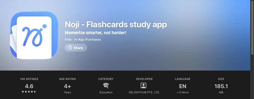 Noji listing header on the US App Store: icon, price and rating