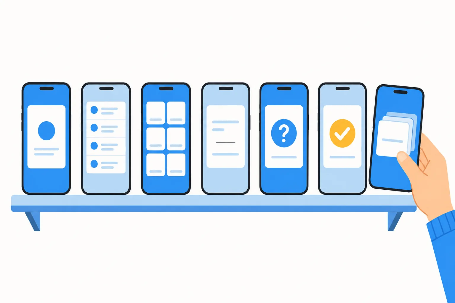 Illustration: seven phones on a shelf, each showing a different flashcard layout, a hand picking one