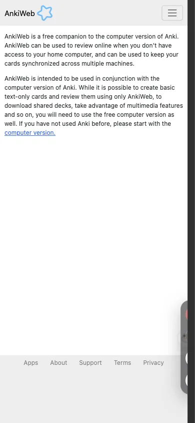 AnkiWeb about page at a 390-pixel-wide browser viewport