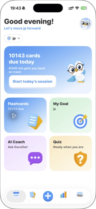GuruOwl study dashboard on iPhone