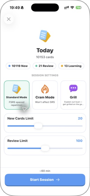 GuruOwl review session settings on iPhone