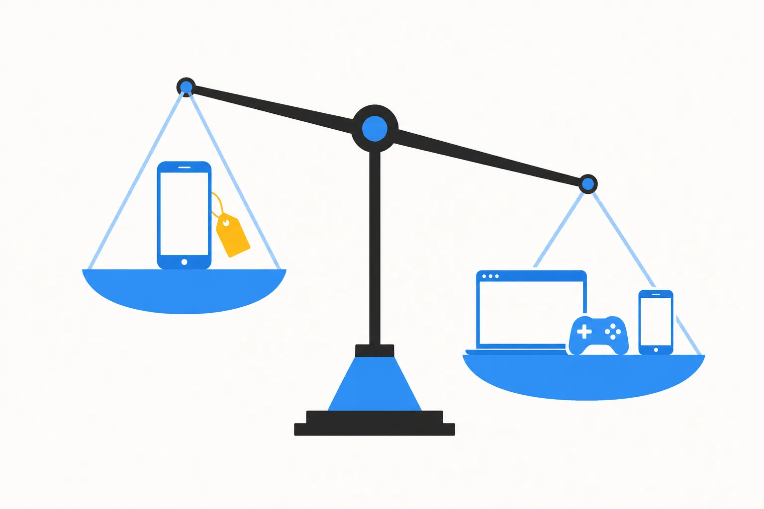 Illustration: a balance scale weighing one phone with a price tag against a browser window, a mini gamepad and a second phone