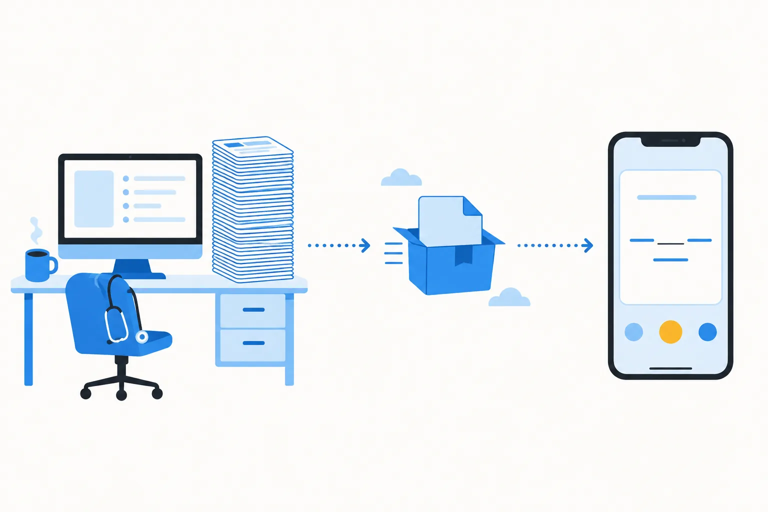Illustration: a desk with a desktop computer and a tall stack of flashcards, a file box flying to an iPhone showing a cloze card, a stethoscope on the chair