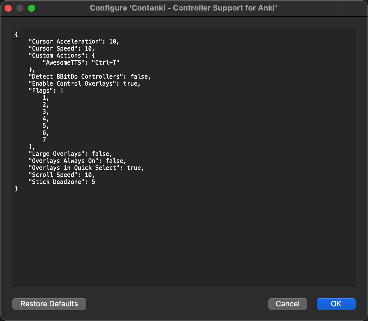 Contanki's configuration showing options like Detect 8BitDo Controllers, Cursor Speed, and Stick Deadzone