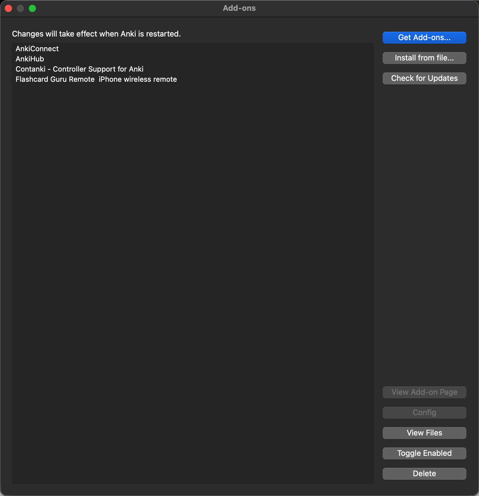 Anki's Add-ons manager listing Contanki - Controller Support for Anki