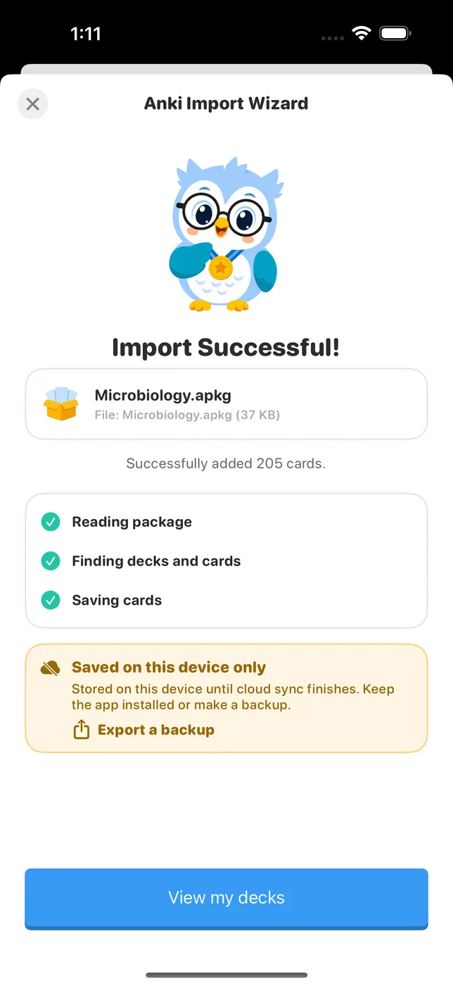 Guru Anki Import Wizard showing Import Successful for Microbiology.apkg with 205 cards added