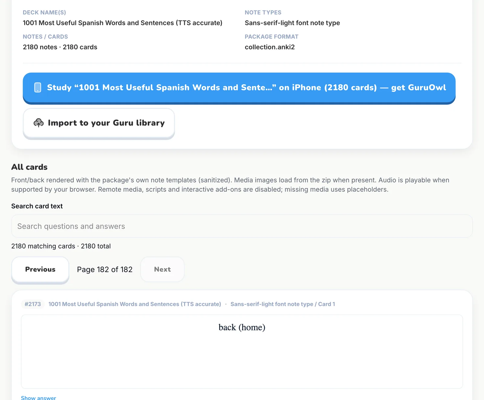 GuruOwl .apkg viewer showing 2180 notes and 2180 cards, page 182 of 182, with card number 2173 visible