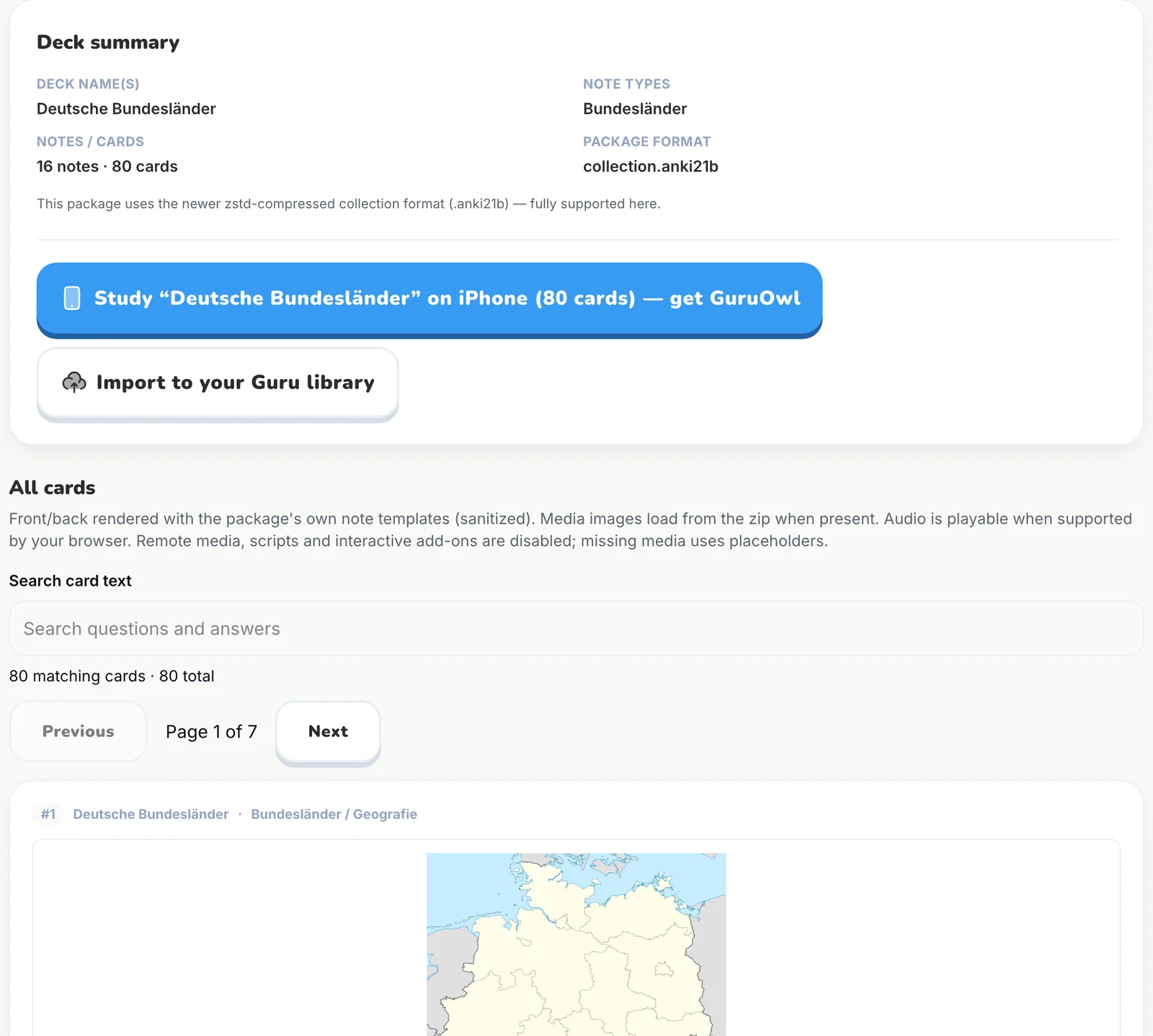 GuruOwl .apkg viewer showing the Deutsche Bundesländer deck: 16 notes, 80 cards, package format collection.anki21b, with a map image rendering on the first card