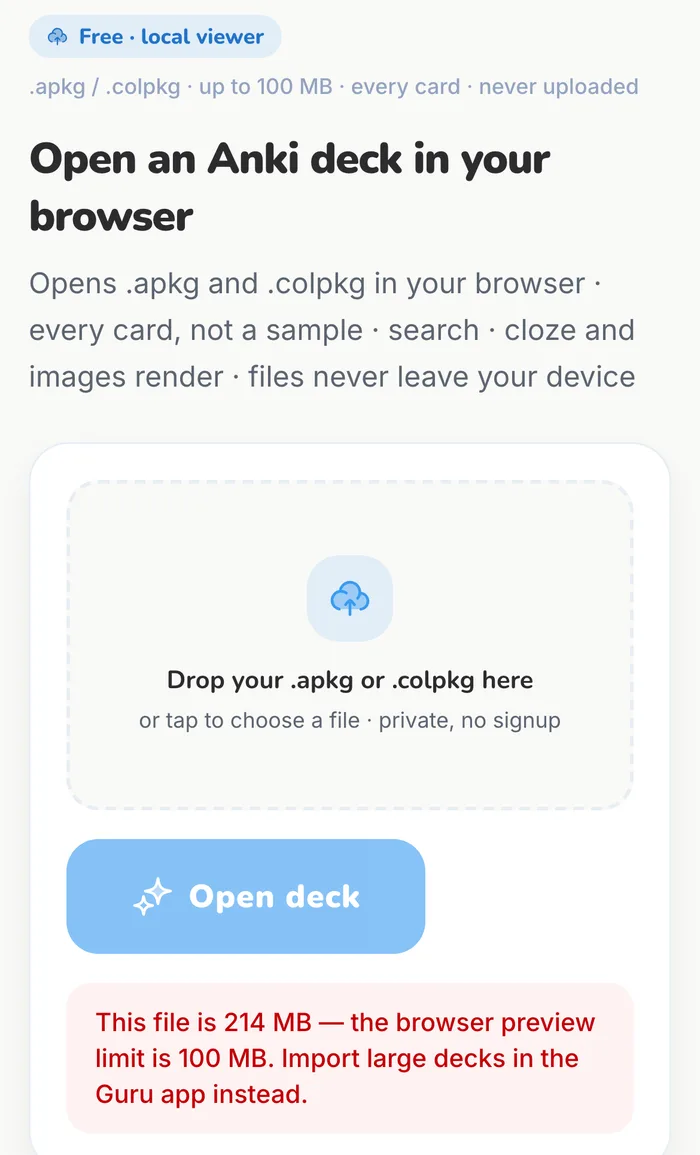 GuruOwl .apkg viewer at phone width showing the error: This file is 214 MB, the browser preview limit is 100 MB