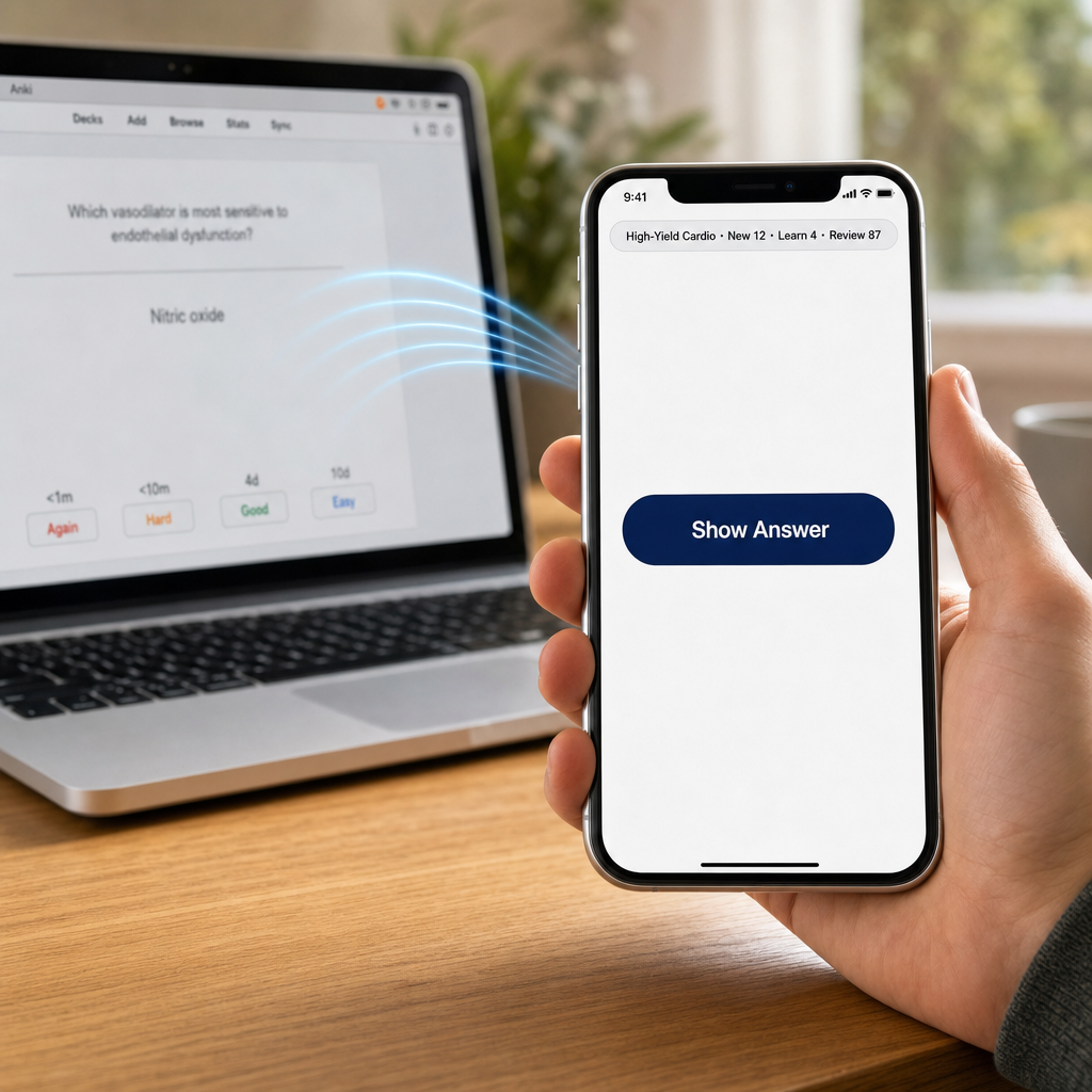iPhone showing the Show Answer button while a MacBook in the background runs Anki — connected wirelessly