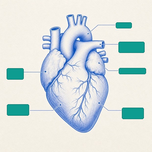 A heart anatomy diagram with six solid teal masks completely covering the label text while leaving the organ visible.